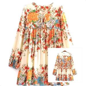 NWT! BOUTIQUE BOHO ORANGE FLORAL PRINT DOUBLE TIE NECK LONG SLEEVE TUNIC/DRESS